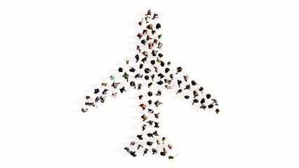 Concept conceptual large community of people forming the airplane sign. 3d illustration metaphor for modern, fast, comfortable and  secure transportation, holiday and business