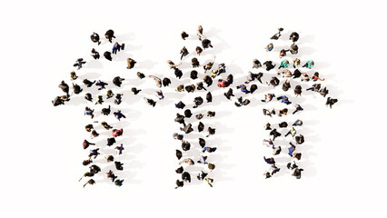 Concept conceptual large community of people forming the children holding hands sign. 3d illustration metaphor for friendship, education, warning, prevention and security