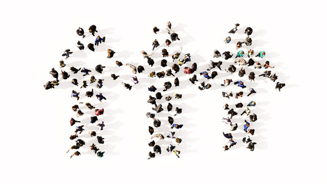 Concept conceptual large community of people forming the children holding hands sign. 3d illustration metaphor for friendship, education, warning, prevention and security