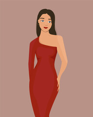A beautiful white girl - a model in a red tight dress, with red lips and black hair. Flat fashion illustration for postcard.