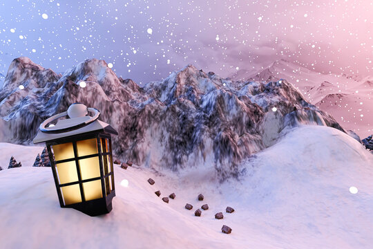 Winter lamp placed on the ground in a snowy landscape with snowflakes falling on a villa. Winter and holidays. 3d illustration