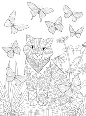 Coloring book page. a cat sitting in a flowering meadow. black a - 542967637