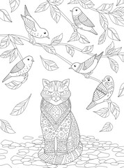 Coloring book page. Sly cat and cheerful birds. Outline black an - 542967680