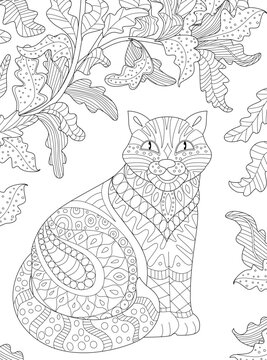 coloring book page. Wonderland forest cat. black and white vecto