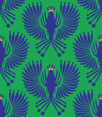 Abstract Hand Drawing Geometric Peacock Birds with Crowns Seamless Vector Pattern Isolated Background