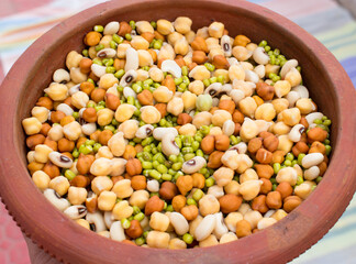 Mixed salad of soaked kala chana or black chickpeas, green moong, kabuli chana, soya bean in earthen pot. Ready for seed germination. Vegan substitute for rich protein. close up View