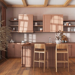 Fototapeta na wymiar Farmhouse vintage wooden kitchen in orange and beige tones with island and stools. Parquet floor, shelves and cabinets. Colonial interior design