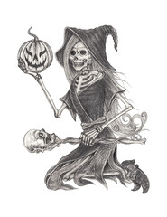 Art fantasy witch skull halloween. Hand drawing on paper.