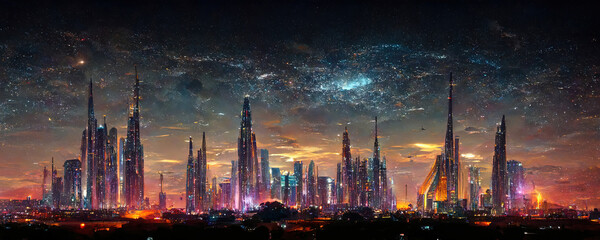 Futuristic and panoramic African city landscape concept art. Digital drawing. Large cinematic megapolis with bright lights at night. The future of Africa wallpaper art painting. - obrazy, fototapety, plakaty