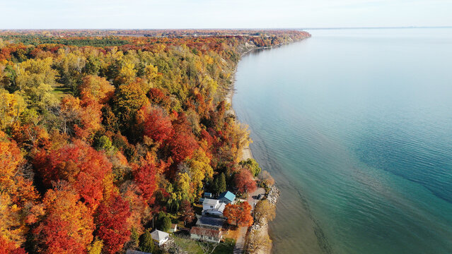 Aerial of Turkey Point, Ontario, Canada in autumn
