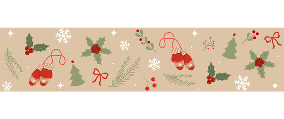 Merry Christmas and Happy New Year seamless retro illustration with different elements, holly, mittens, snow, twigs, berries. vector background illustration for greeting card, banner, web, invitation 