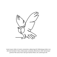 Flying owl one continuous line drawing. Cute decoration hand drawn elements. Vector illustration of minimalist style on a white background.
