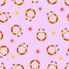 Seamless pattern with animals on a lilac background. A pattern with a baby rattle in the form of a lamb. Kawaii animals