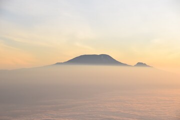 A view of Kilimanjaro at dawn from the summit of Mount Meru, 4562 m, the second highest mountain in...