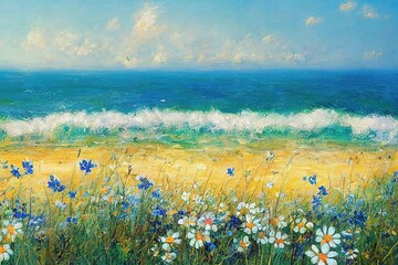 Summer blue sky green sea water wild flowers on beach nature landscape , impressionism art background