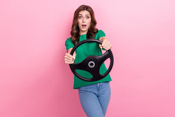 Photo of worried nervous stressed lady impressed situation vehicle service need repair own new car isolated on pink color background