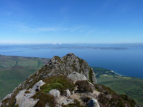 Cioch na h-Oighe or The Maiden's Breast, Arran, with a view to the east over the Firth of Clyde and the Isle of Bute