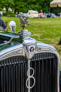 BADEN BADEN, GERMANY - JULY 2019: logo emblem symbol sign of dark green STOEWER G15K cabrio roadster 1929, oldtimer meeting in Kurpark