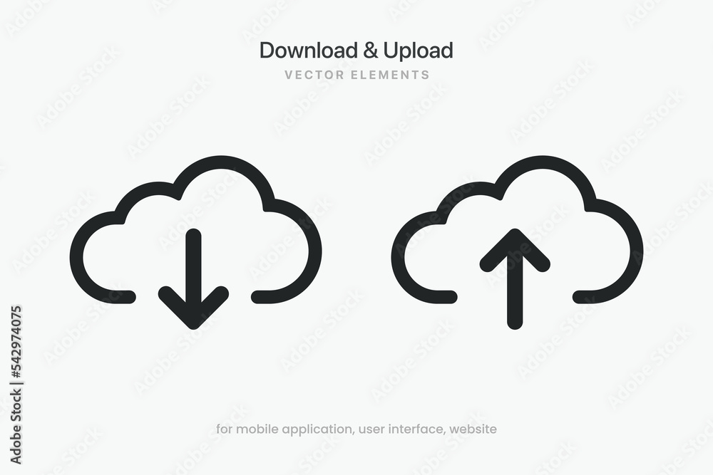 Poster Black download upload button icon. Upload icon. Down arrow bottom side symbol. Click here button. Save cloud icon push button for UI UX, website, mobile application.