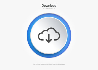 3D blue download button icon. Upload icon. Down arrow bottom side symbol. Click here button. Save cloud icon push button for UI UX, website, mobile application. - obrazy, fototapety, plakaty