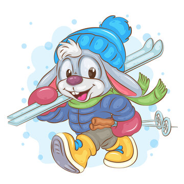 Winter Bunny Skier. Clipart. Winter illustration of a cartoon Bunny with skis and ski poles. The Bunny goes skiing. Winter mascot cartoon.