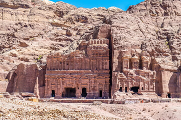 A view towards the Royal Tombs and eastern cliffs in the ancient city of Petra, Jordan in summertime