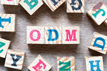 Alphabet letter block in word ODM (Abbreviation of Original design manufacturer) and another letter...