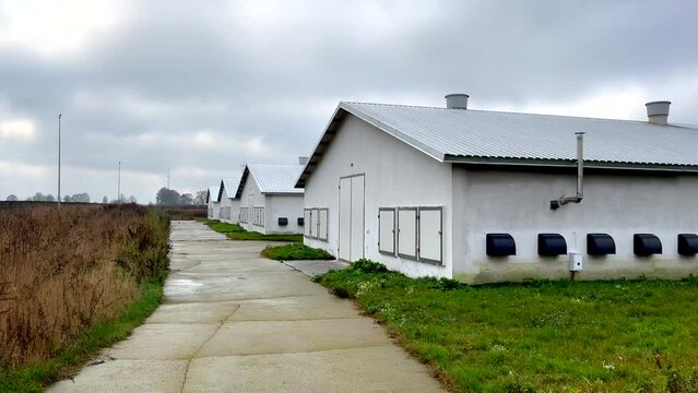 Chicken poultry farm buildings under cloudy sky.
