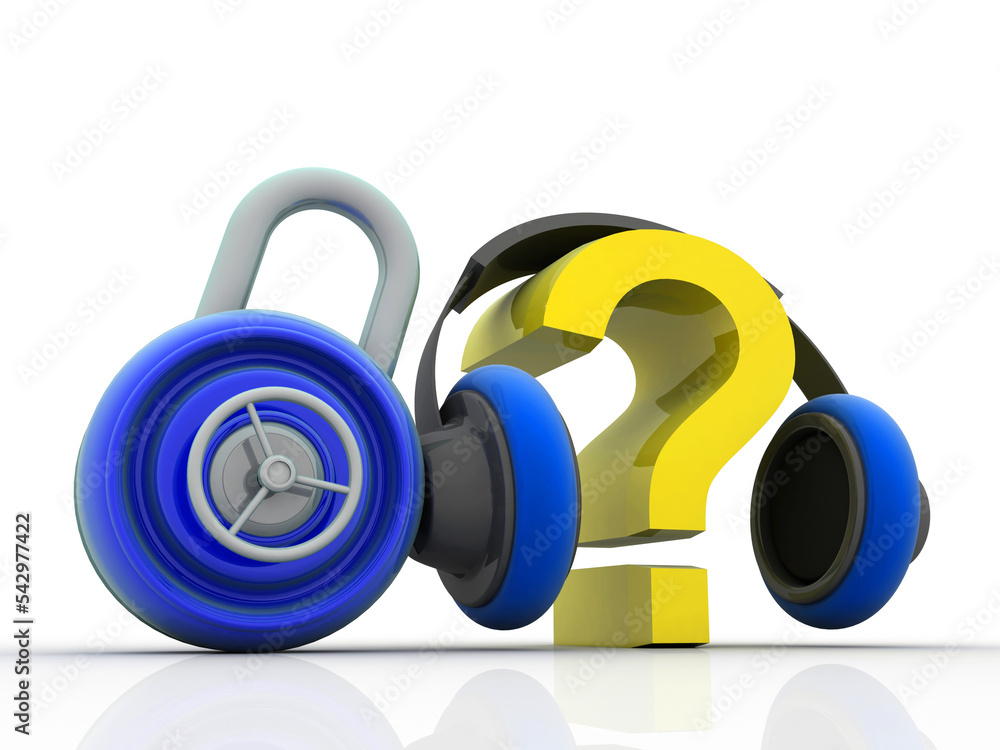 Aufkleber 3d rendering question mark connected headphone near lock