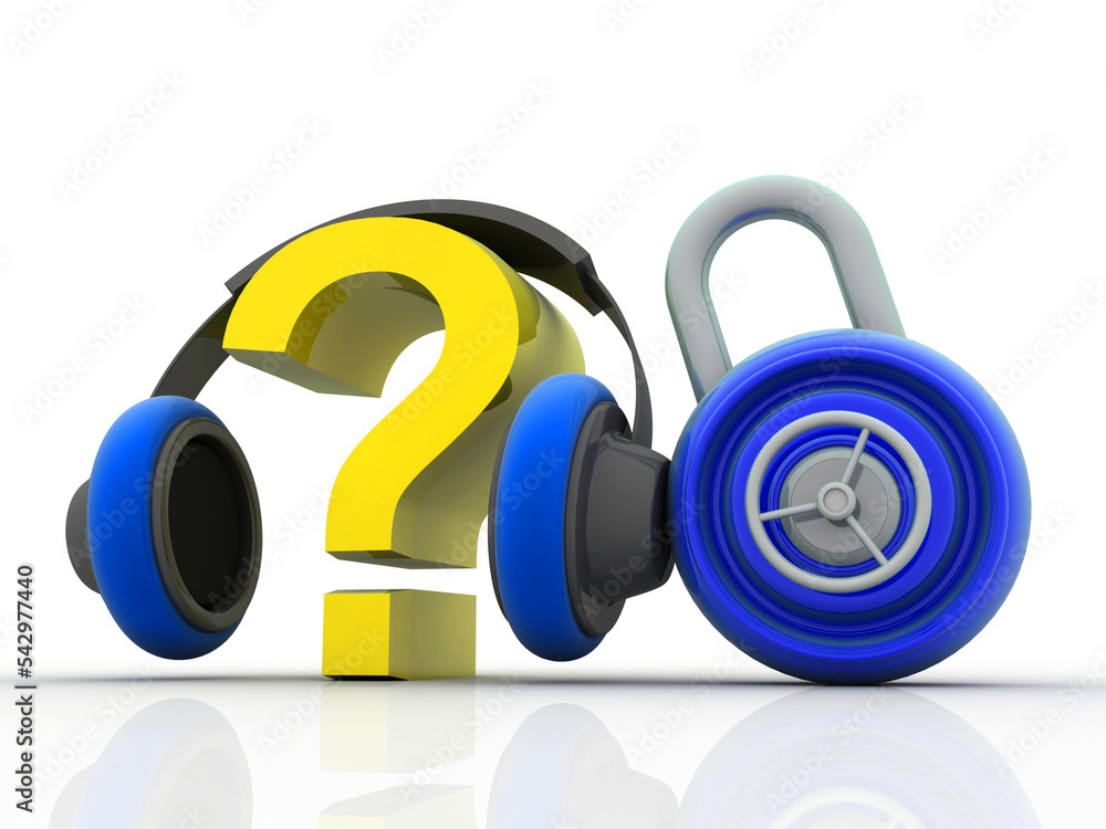 Poster 3d rendering question mark connected headphone near lock