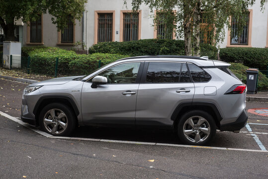 Mulhouse - France  1 November 2022 - Profile view of grey Toyota rav 4 parked in the street