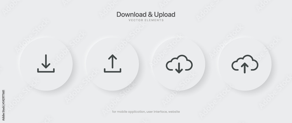 Aufkleber 3D black download upload button icon. Upload icon. Down arrow bottom side symbol. Click here button. Save cloud icon push button for UI UX, website, mobile application.