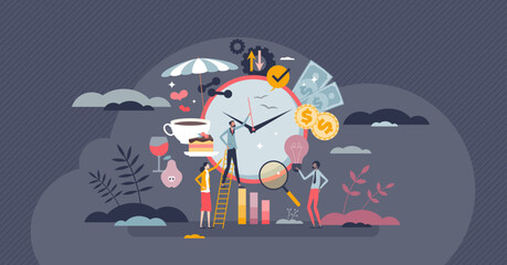 Life and work balance for personal and business harmony tiny person concept. Happiness and financial earnings choice vector illustration. Recreation, leisure and work stress management. Money vs love.