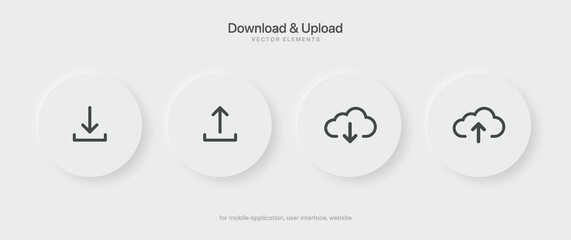 3D black download upload button icon. Upload icon. Down arrow bottom side symbol. Click here button. Save cloud icon push button for UI UX, website, mobile application.