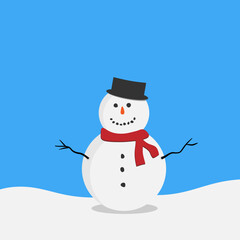 smiling snowman with black hat against blue background, flat vector illustration