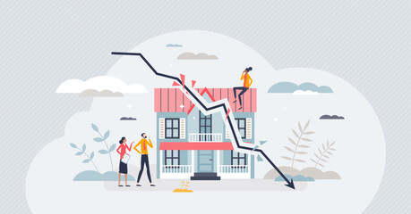 Fototapeta na wymiar Housing market crash with price drop and decline in home sales tiny person concept. Real estate property purchase recession and value collapse vector illustration. Economy recession and drop forecast.