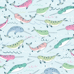 Sea animal narwhal vector seamless pattern. © GooseFrol
