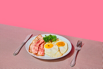 Plate of delicious English breakfast with fried eggs and bacon on pink tablecloth. Food pop art...