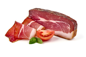 Italian prosciutto crudo or spanish jamon. Jerked meat, isolated on white background. High...
