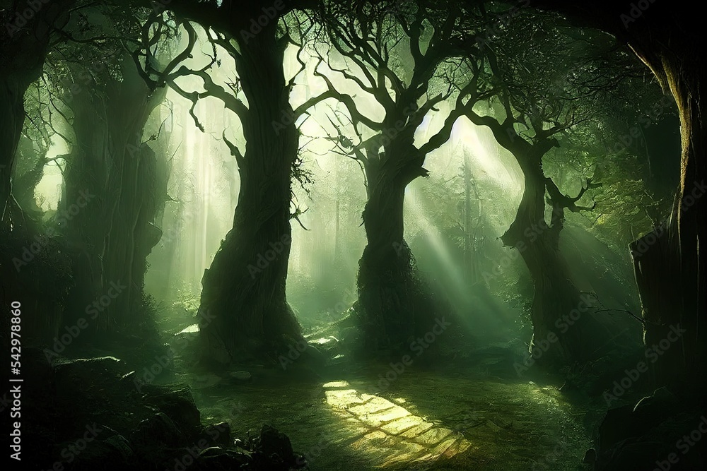 Poster dark forest, sun rays pass through trees and fog in green foliage 3d illustration.