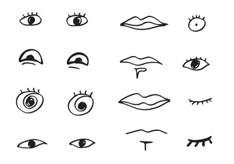 Set of doodle eyes and mouth. Vector black and white icons. 
