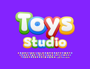 Vector colorful emblem Toys Studio. Cute kids Font. Bright set of Alphabet Letters and Numbers