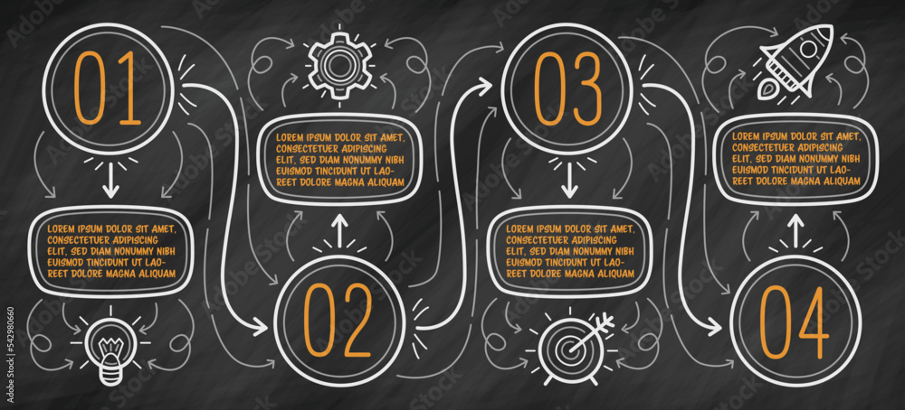 Poster hand drawn infographic on blackboard. four steps with text boxes can be used for timeline. vector il