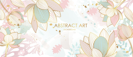 Vector poster with golden plants and flowers on a watercolor background. Abstract background.  © daudau992
