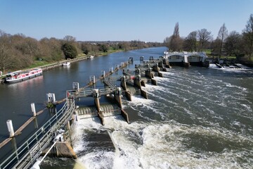 Teddington wier river Thames UK drone aerial view.