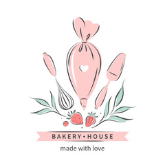 Pastry and bread shop. Bakery house. Set of tools for making cakes, cookies and pastries. Vector illustration for logo, menu, recipe book, baking shop, cafe.