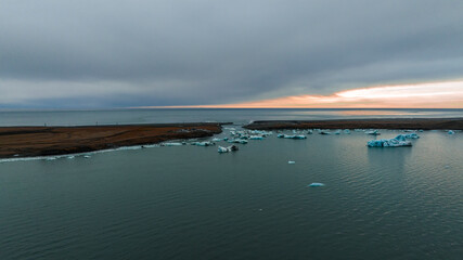 icebergs in Jokulsarlon bay, aerial view