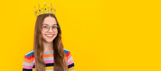 happy teen girl in crown. self confident queen. expressing smug. arrogant princess in tiara. Child...