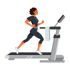 A young athletic African-American woman runs on a treadmill. Preparation for sports competitions, endurance training, marathons, running. Vector illustration in a flat style