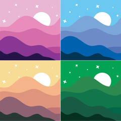 Colorful vector illustration ready to print: sun and hills set 